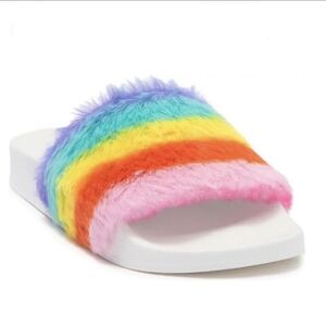 STEVE MADDEN Sandals Rainbow Mu Softey Smooth Faux Fur Slides Women 8 Pride Boho
